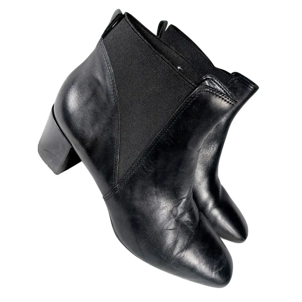TALBOTS! BLACK GENUINE LEATHER, ELASTIC SIDE INSET, CHUNKY HEEL ANKLE BOOTS! 7M